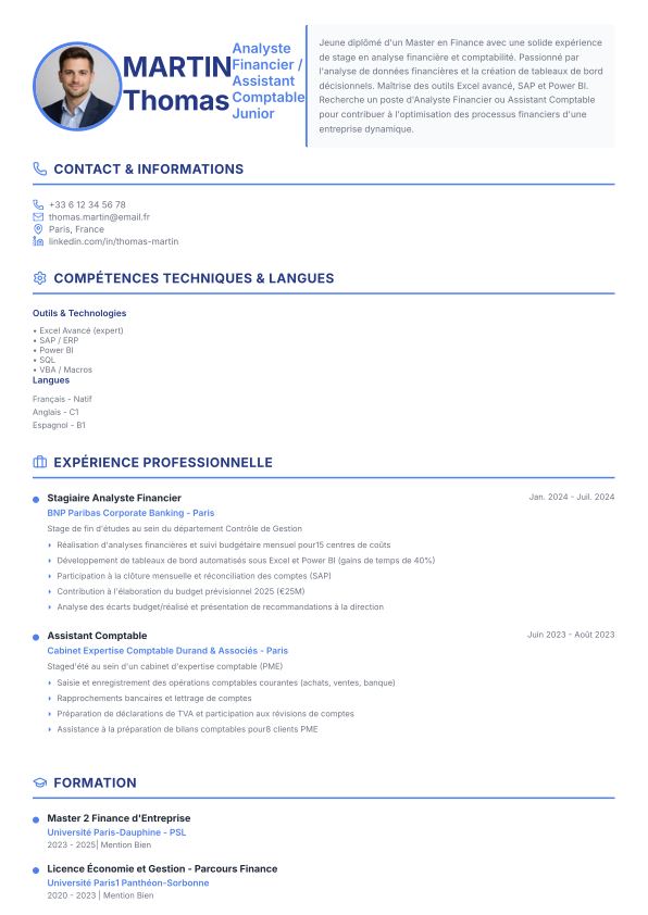 Example resume for entry-level financial analyst
