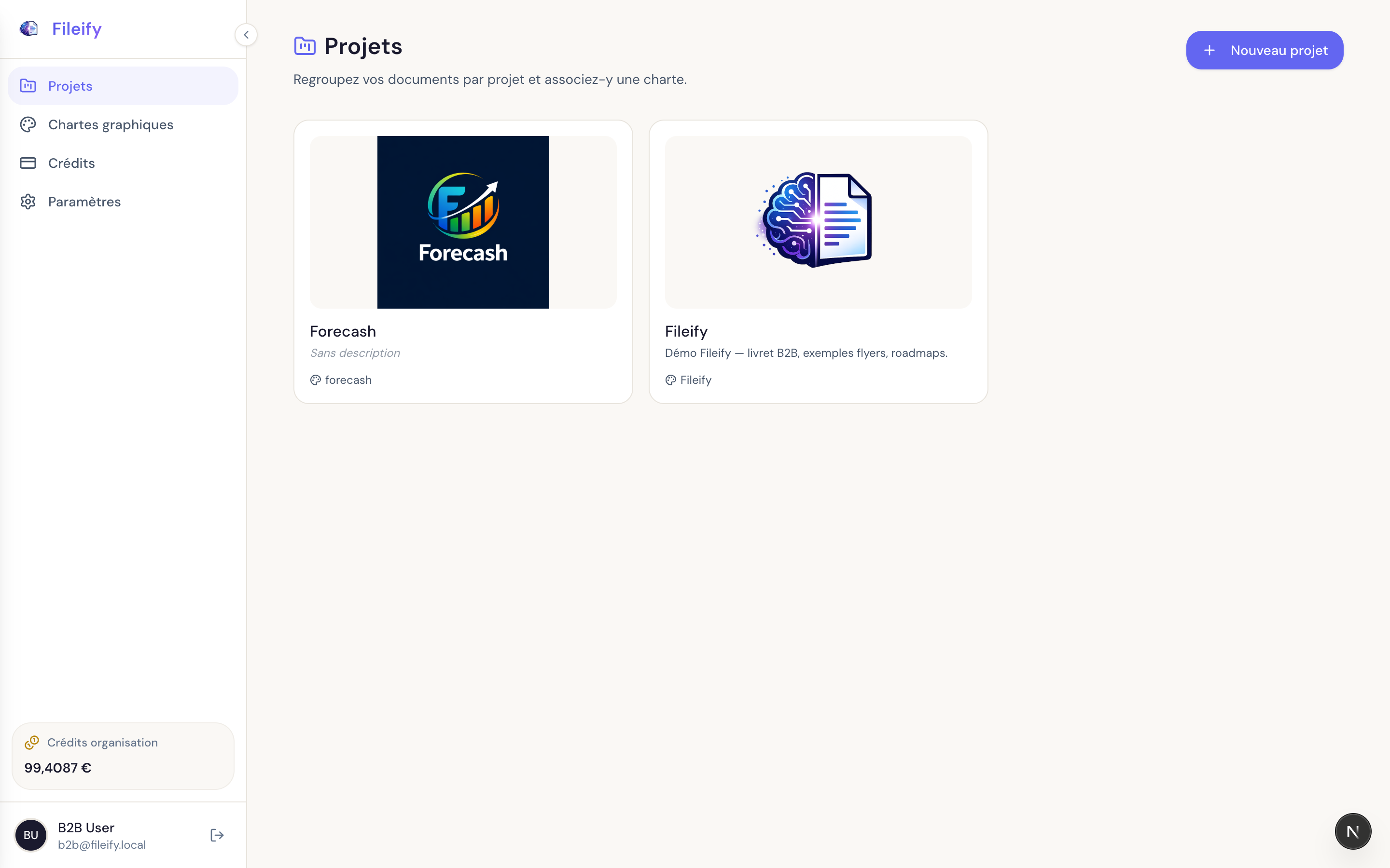 Projects page showing three projects (Fileify, random, test) with the organisation credits counter visible at the bottom of the sidebar