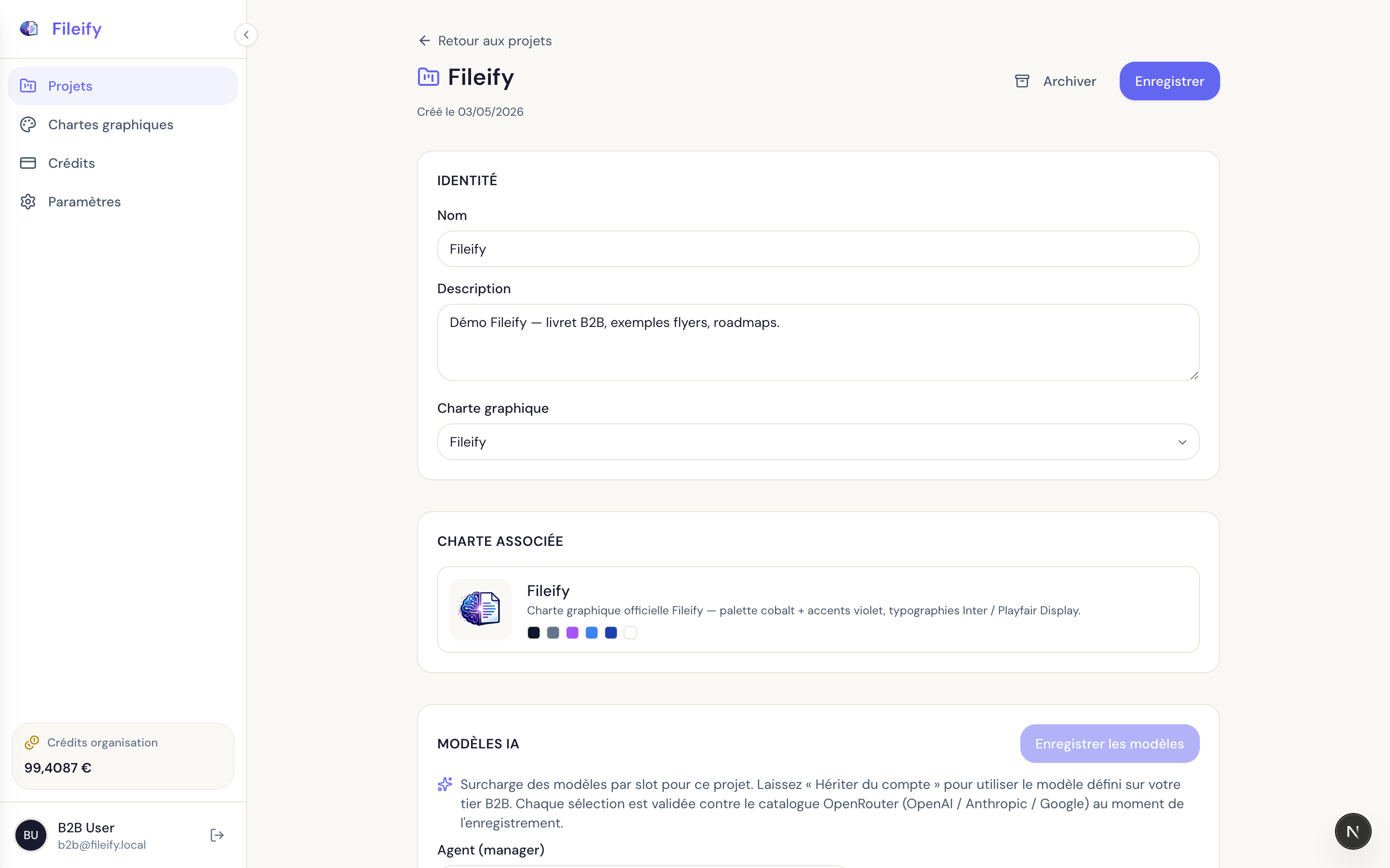 Detail page of the Fileify project with three sections: Identity, Linked brand kit and the start of AI models