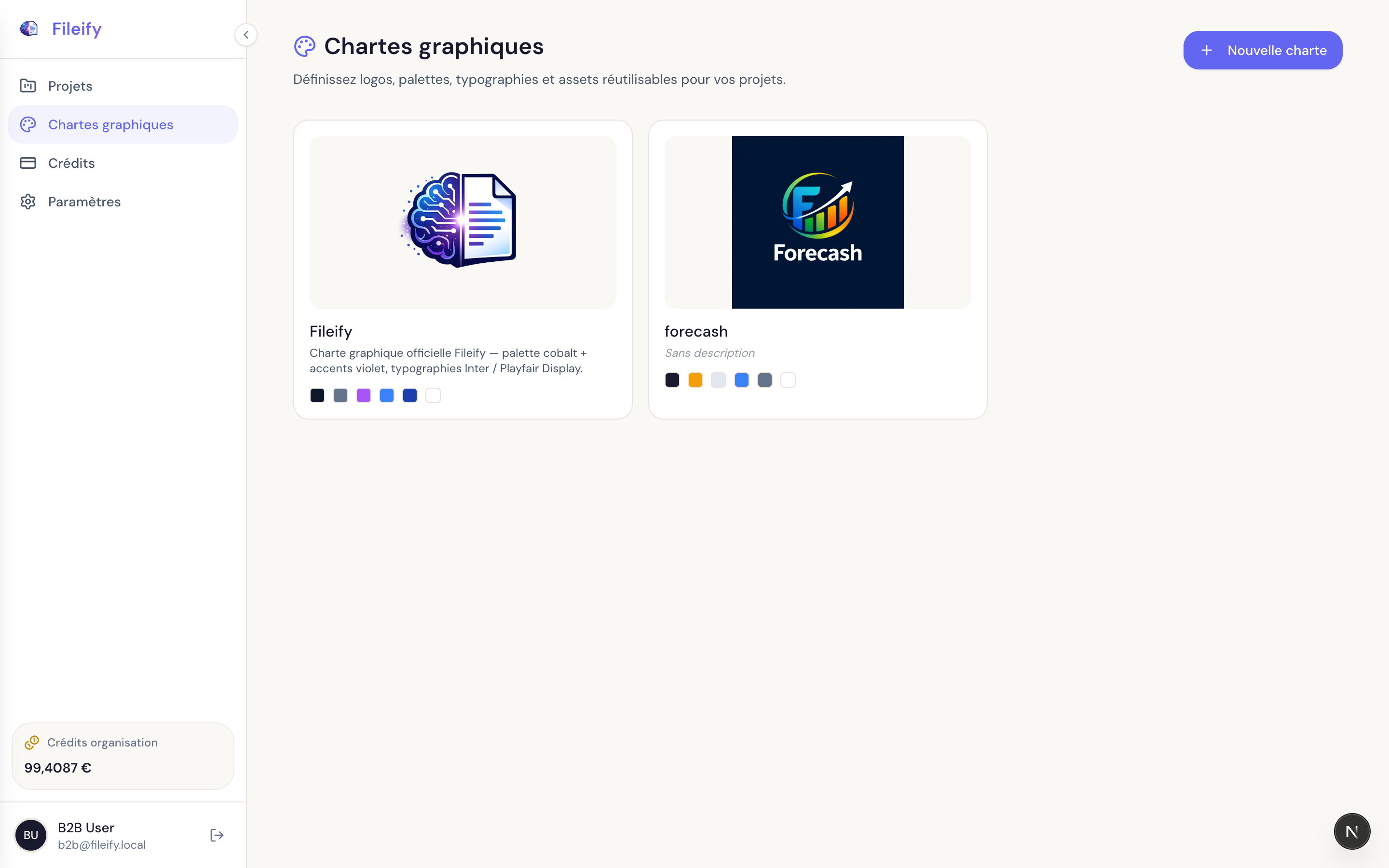 Brand kits list with two kits — Fileify and forecash — showing their palettes and logos on the cards