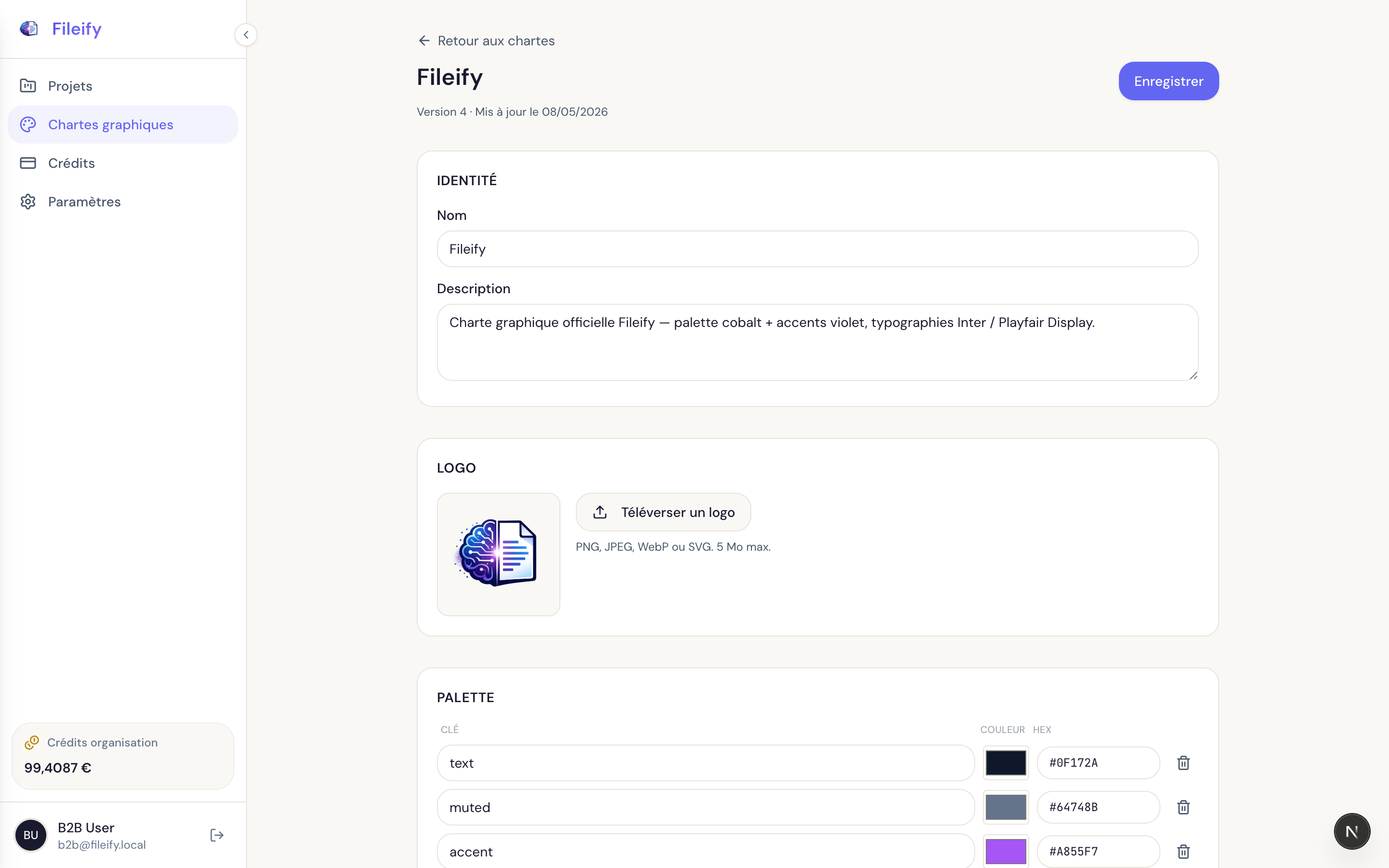 Detailed brand kit view: Identity fields, Logo section, and the start of the colour palette with hex values