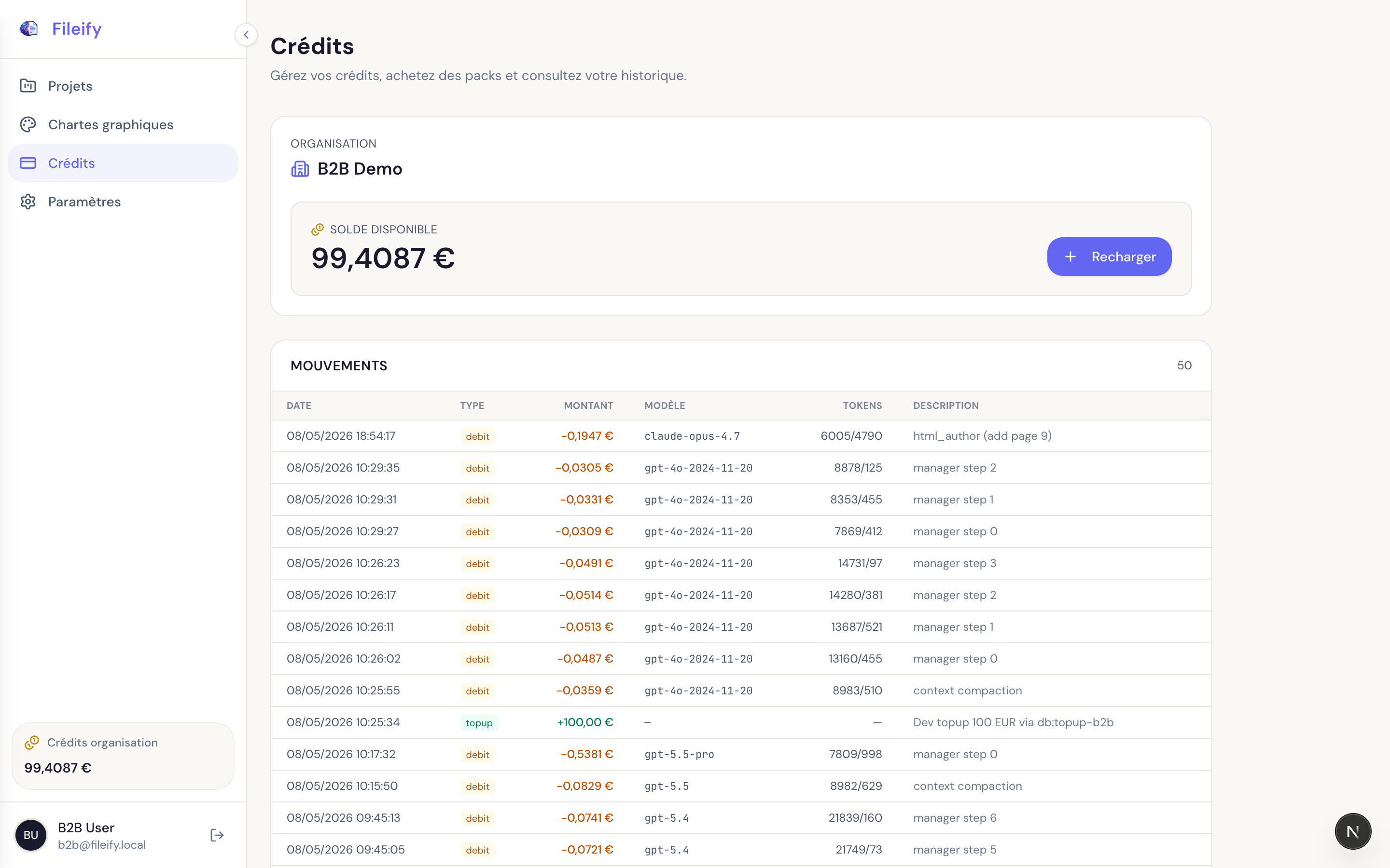 Credits page with the B2B Demo organisation's balance, the Top up button, and the detailed transactions table