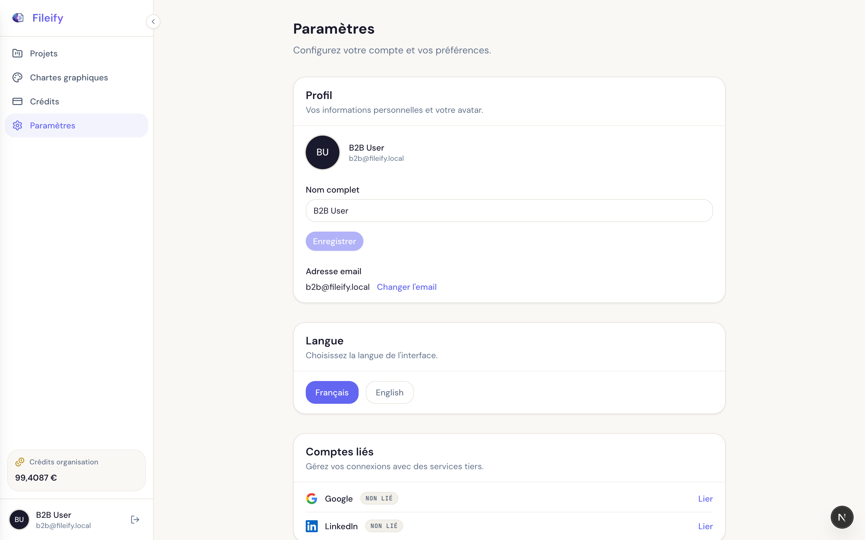 Settings page with three cards: Profile, Language, Linked accounts