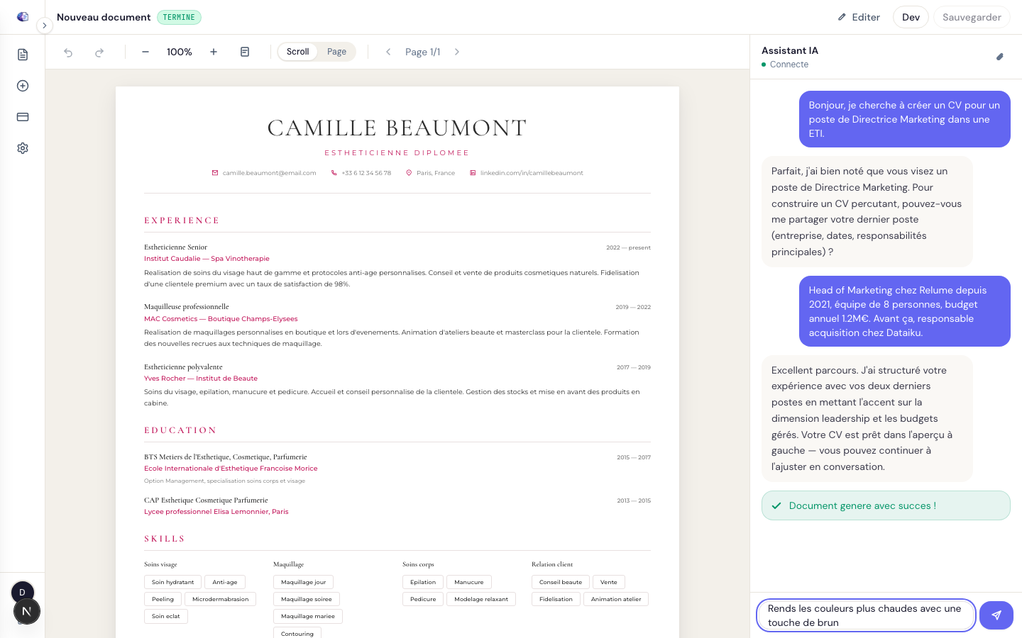 Editing the resume by sending a message to the assistant