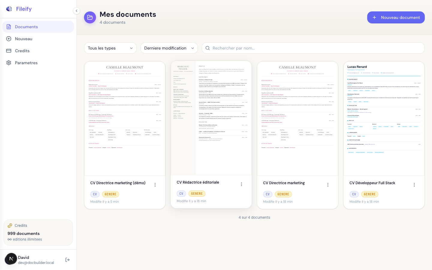 Fileify dashboard with existing documents list