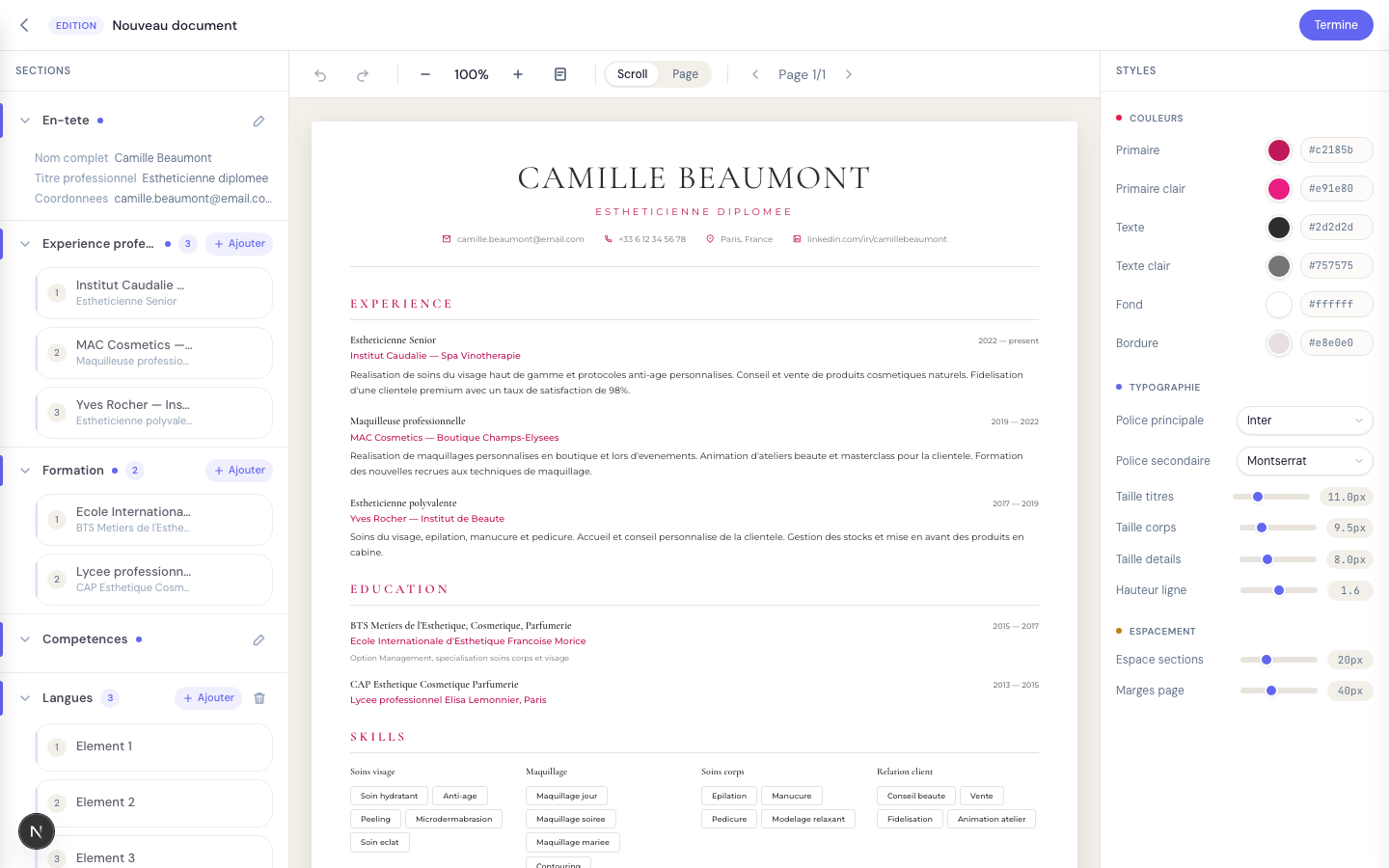 Full-screen edit mode with Sections and Styles panels