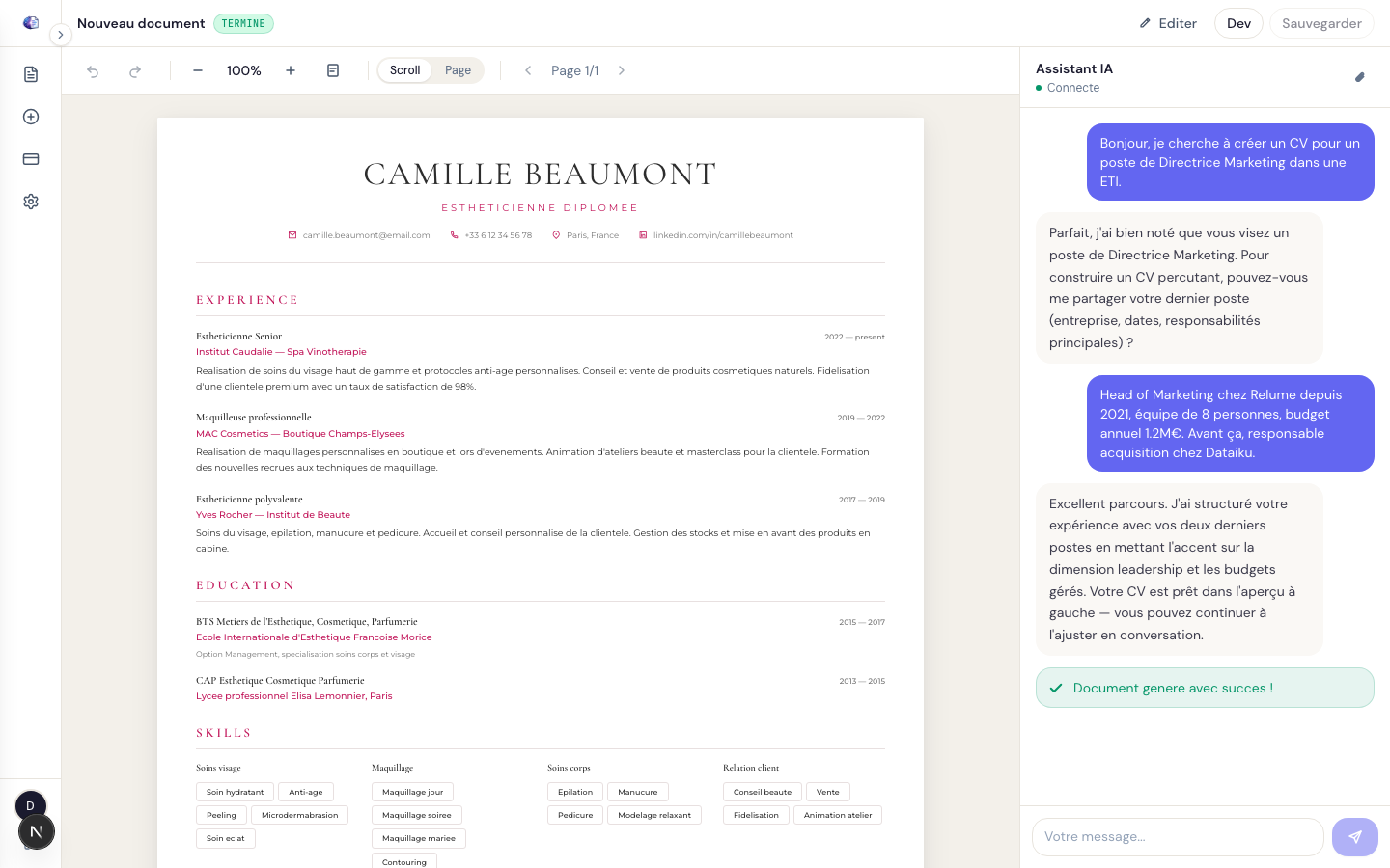 Editor with generated resume and conversation history on the right