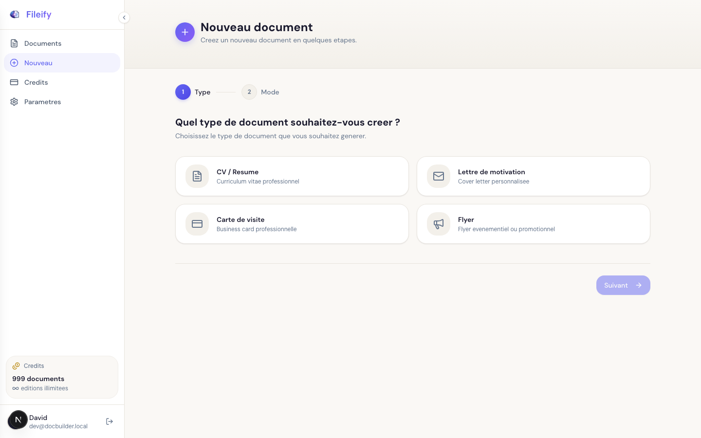 Document type selection in the Fileify wizard
